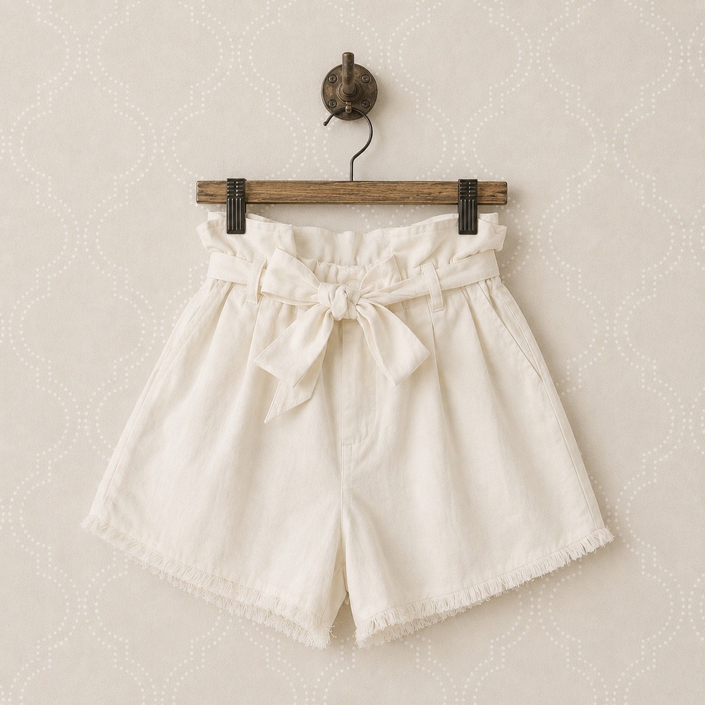 Kendall + Kyle Shorts Paperbag Waist Frayed Hem Cream White Size S
